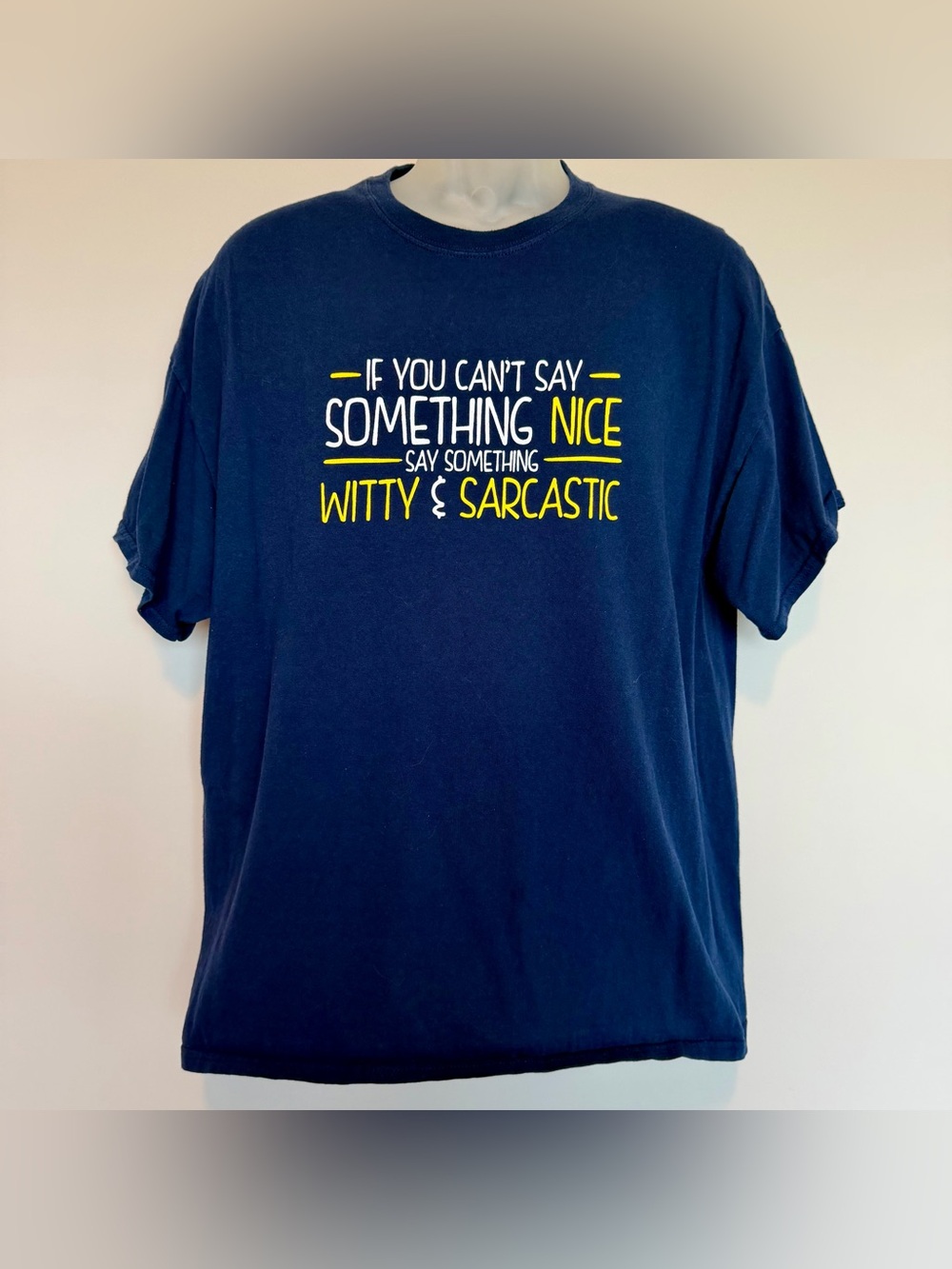 Gildan Blue Short Sleeve Tee with Funny White and Yellow Text Graphic | Size XL